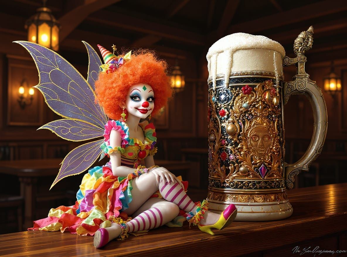 Colorful Clown Fairy with Giant Beer Stein