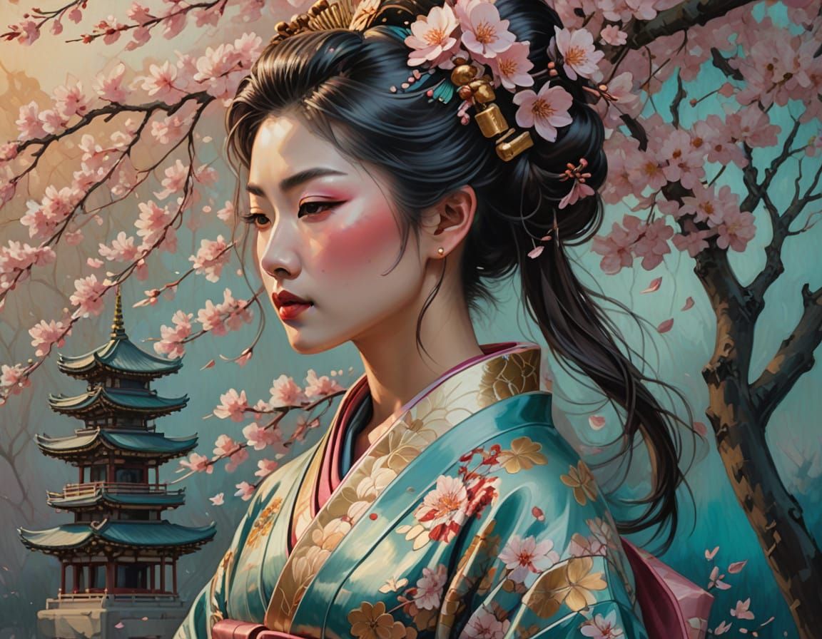 Impressionist Geisha Among Cherry Blossoms in Art Nouveau St...