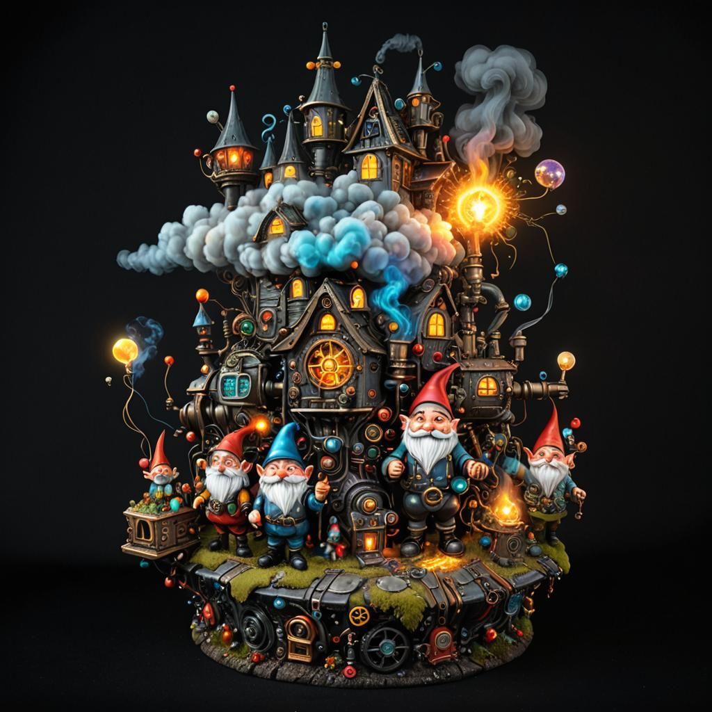 Whimsical Dieselpunk Gnome Village Machine Illustration