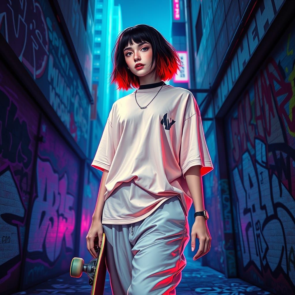 Billie Eilish in Graffiti City, Futuristic Neon Art