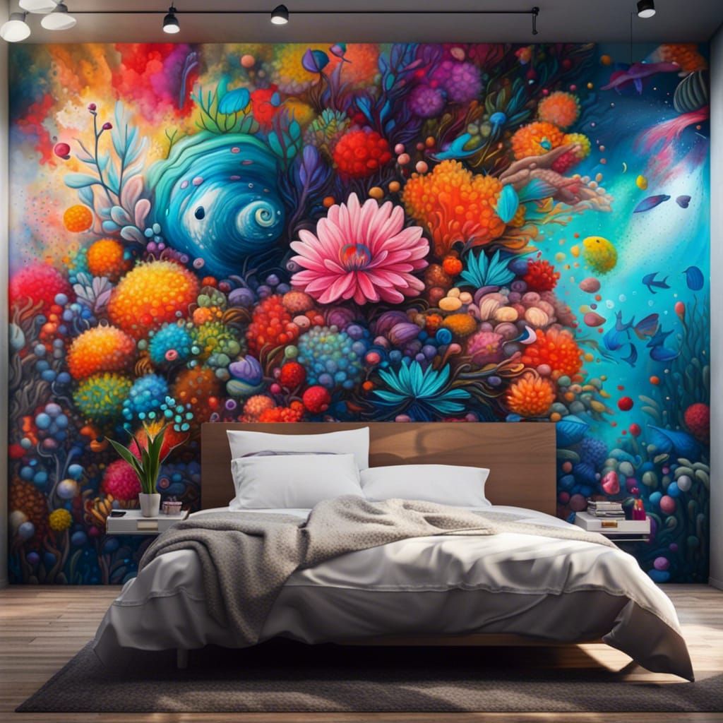 Vibrant Bedroom with Underwater View in Graffiti Art Style