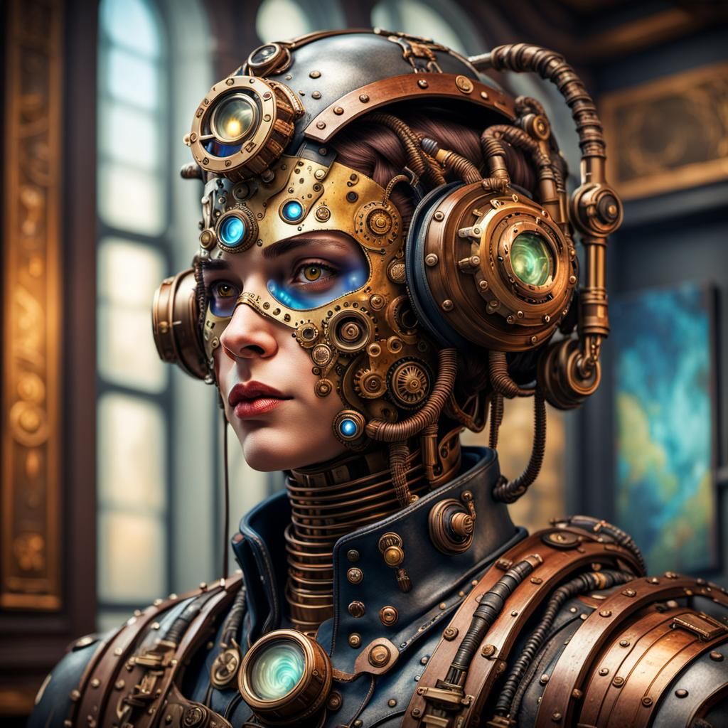 Steampunk Cyborg in Art Museum: Hyperrealistic Concept Art