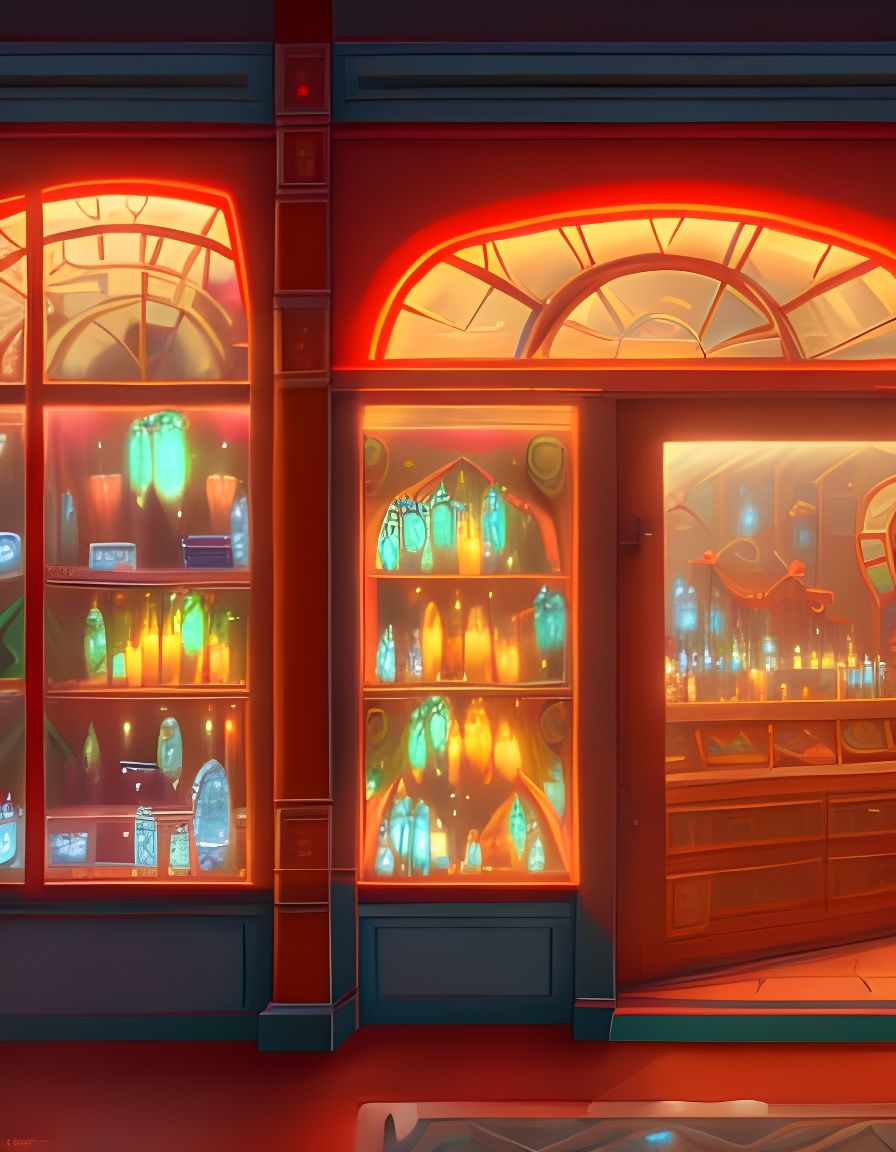 Cozy Crystal Shop Storefront in Oil Painting Style