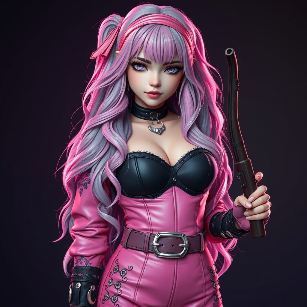 Sultry Gothic Witch in Pastel Hues and Leather Outfit