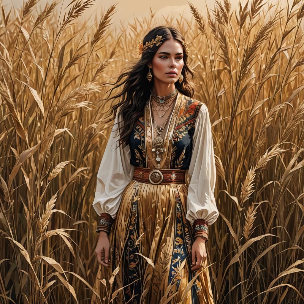 Bohemian Woman in Golden Grass Digital Illustration