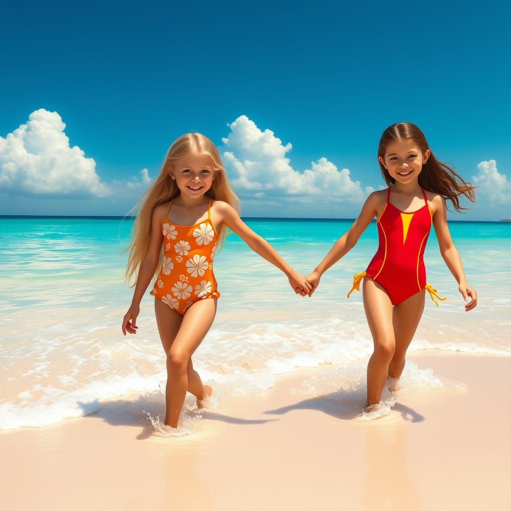 Two Girls Stroll into Turquoise Waters, Hand in Hand