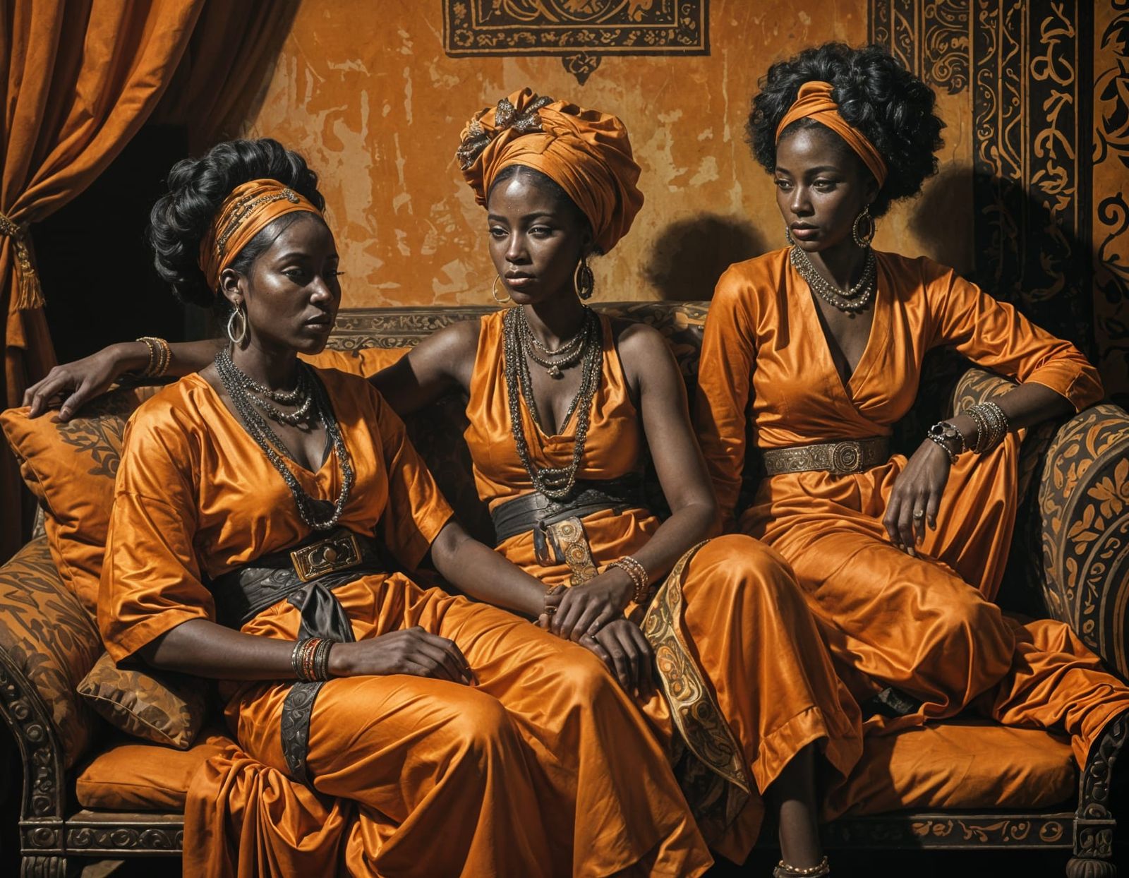 Black Women in Orange Seated on Sofa