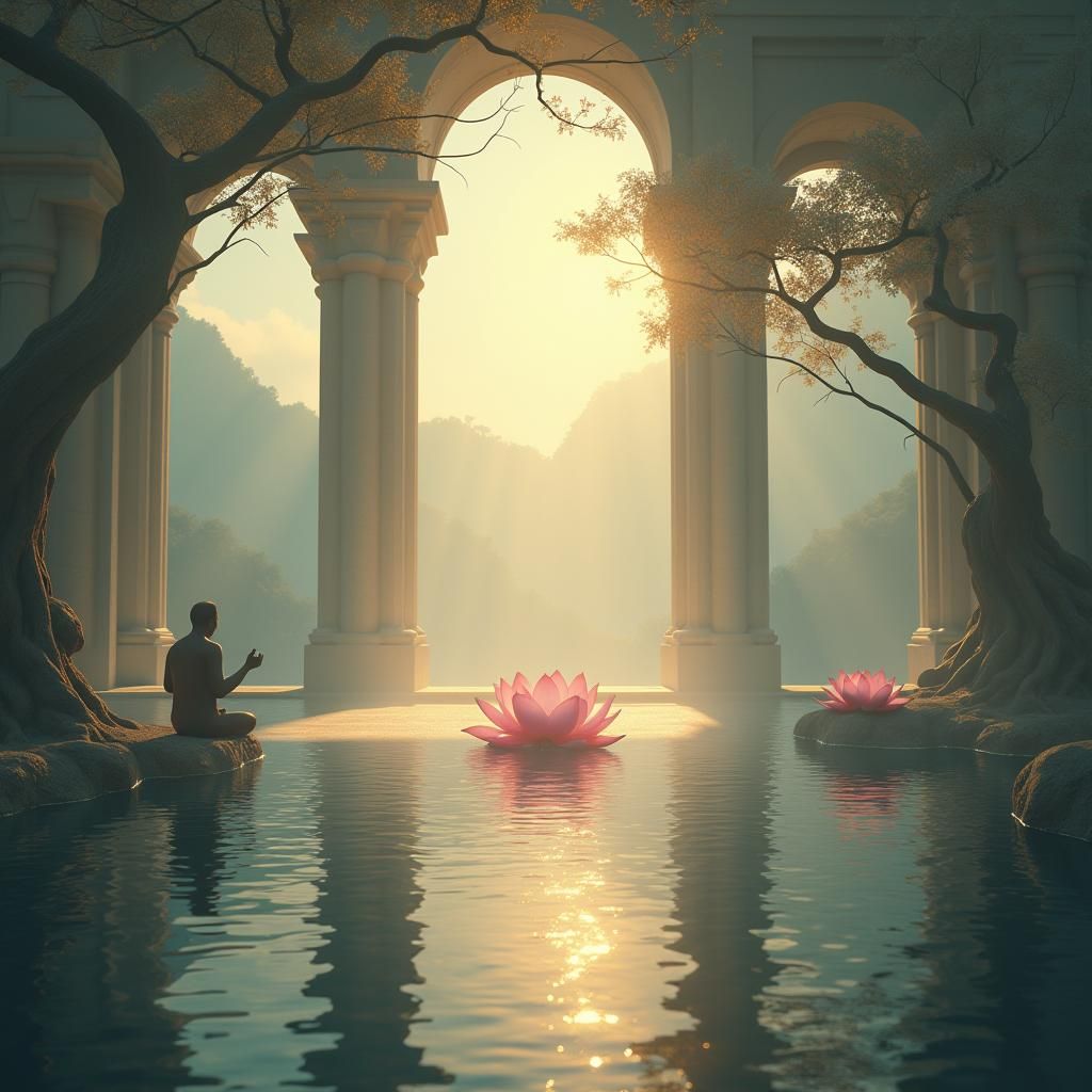 Ethereal Temple: Lotus Blooms in Golden Light