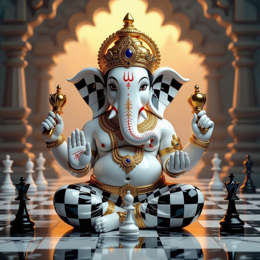Ganesha Formed from Chess Pieces in Hyper-Realistic Style