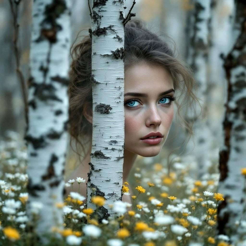 Ethereal Women in Birch Bark with Floral Carpet