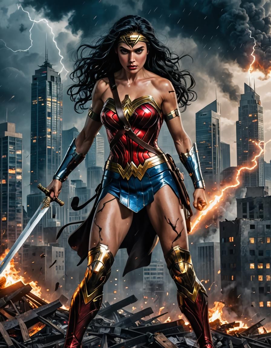 Wonder Woman Lifts Car in Destroyed City