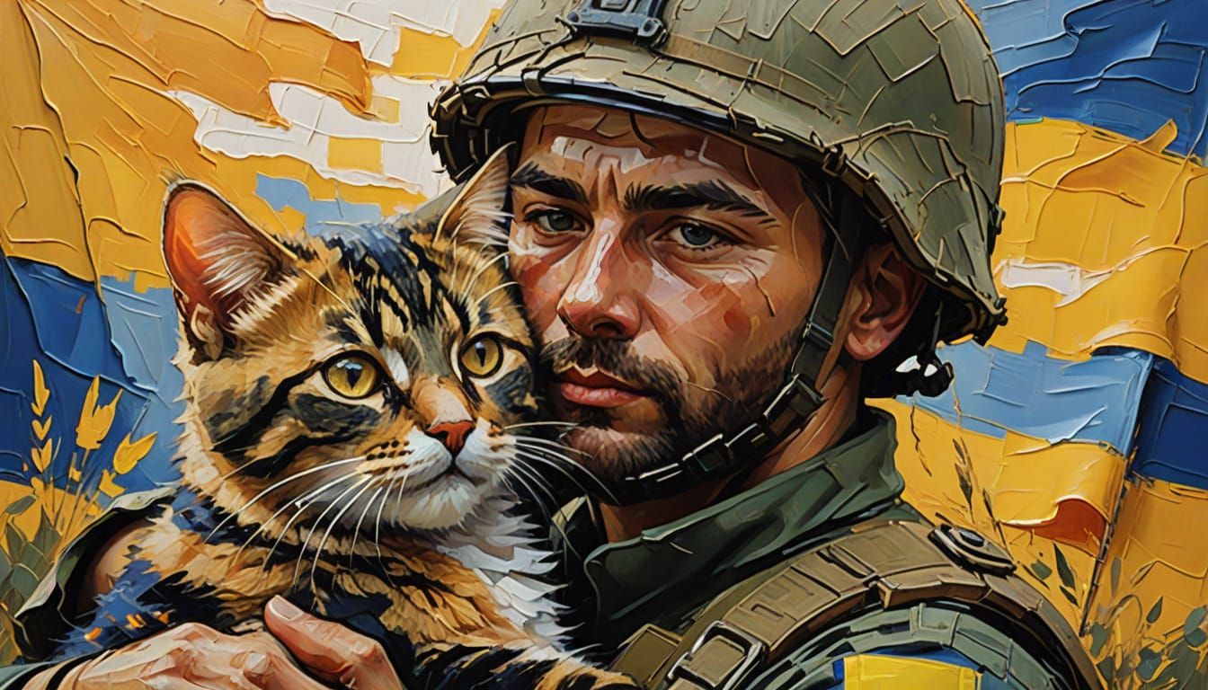 Ukrainian Soldier and Cat in Expressionist Oil Painting
