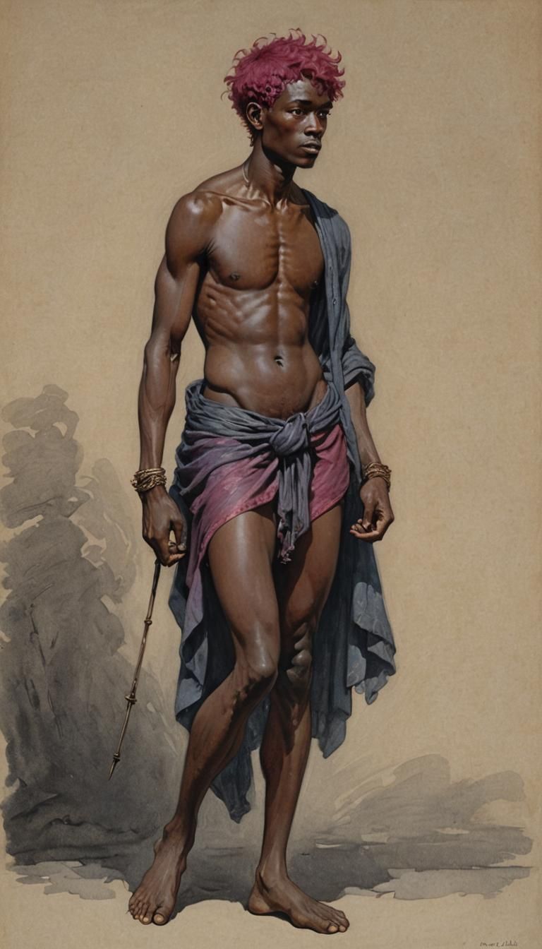 Slender Woman with Magenta Hair in Pre-Raphaelite Style