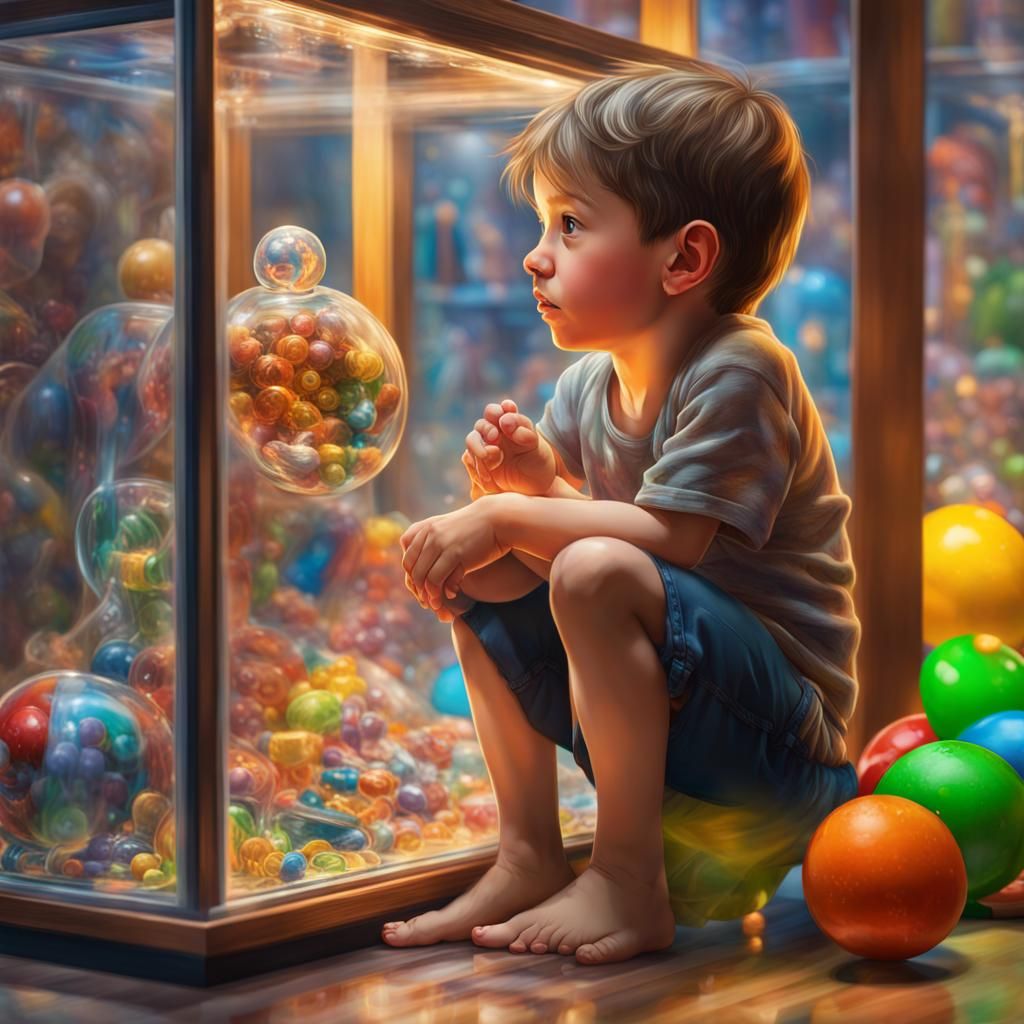 Boy Glued to Toy Showcase: Hyperrealistic Concept Art