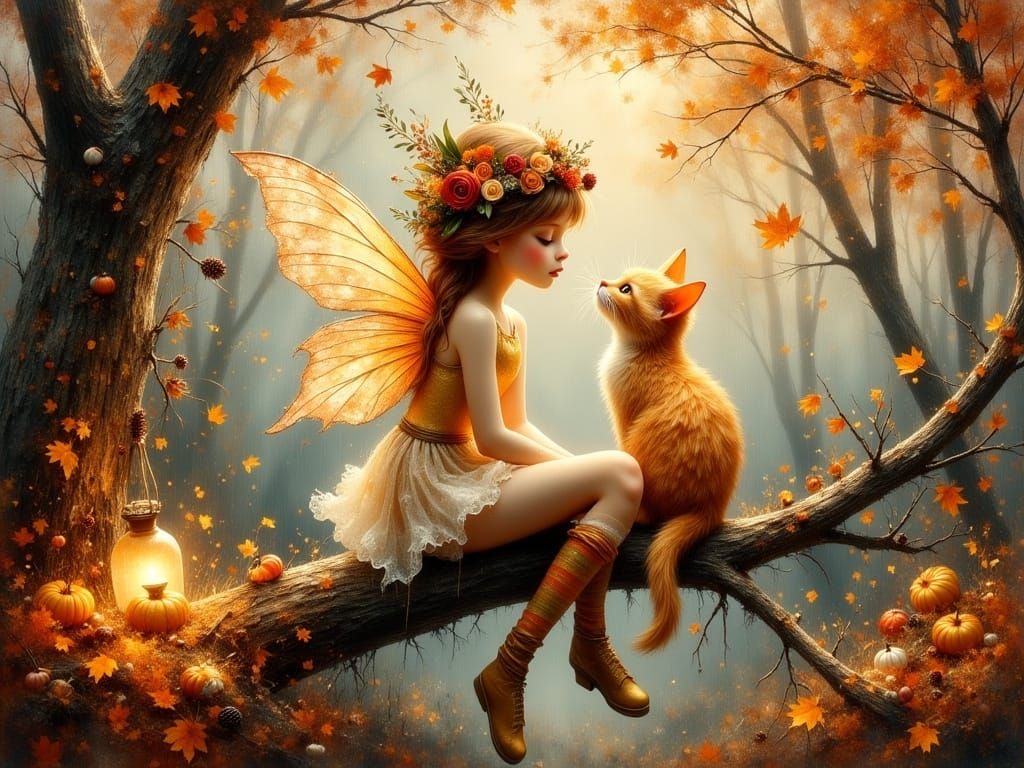 Whimsical Autumn Fairy and Ginger Cat in Enchanted Forest