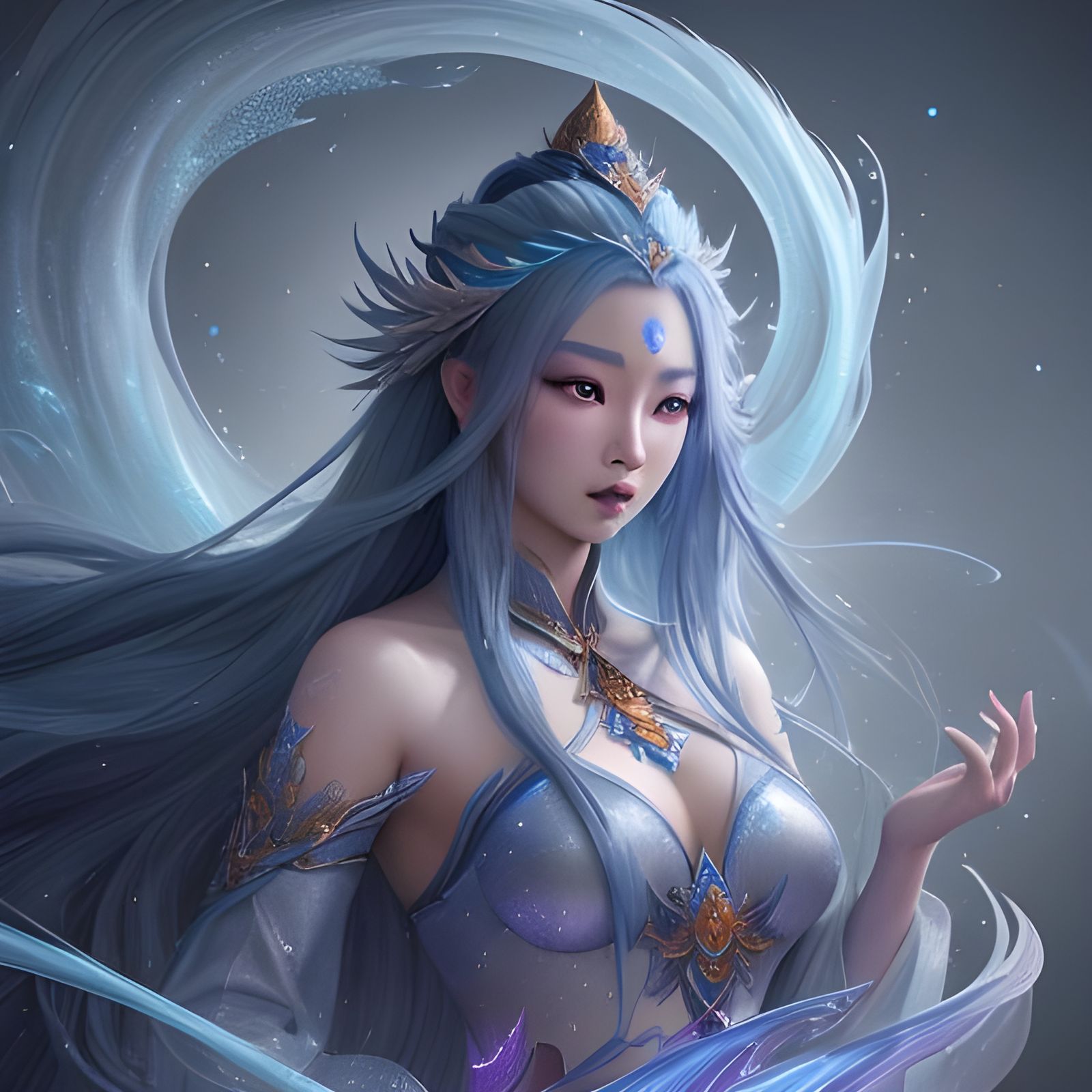 Glittering Asian Ice Goddess in Detailed Digital Painting