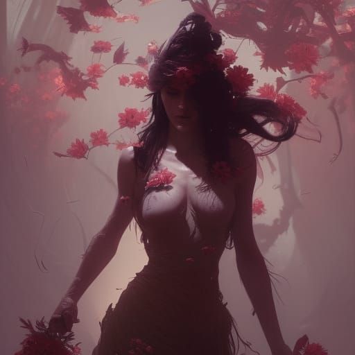 Flower Woman Dark Fantasy Art in Art Nouveau Style