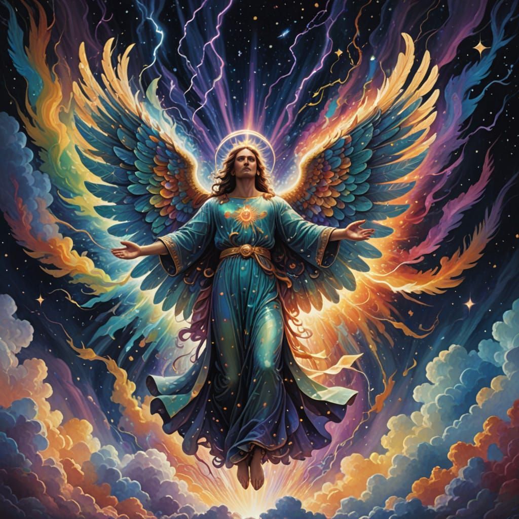Glowing Angel amidst Electric Rainbow and Lightning Bolts