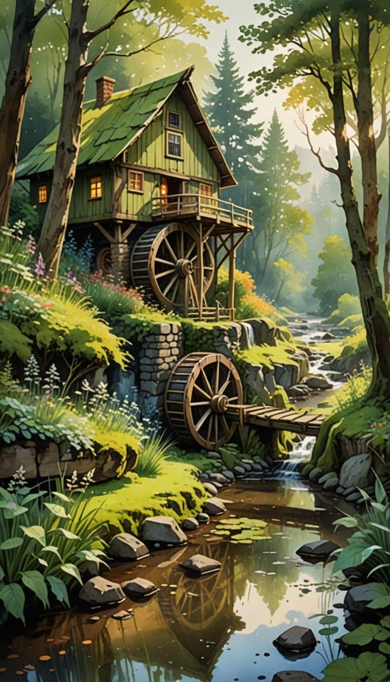 Whimsical Waterwheel Scene in Folk Art Style