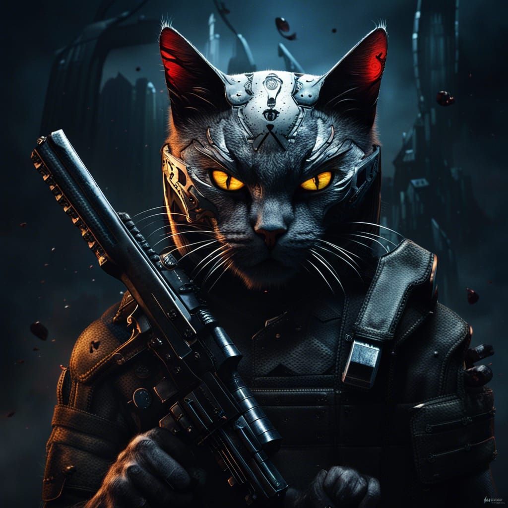 Cat with Punisher Symbol: Detailed Matte Painting