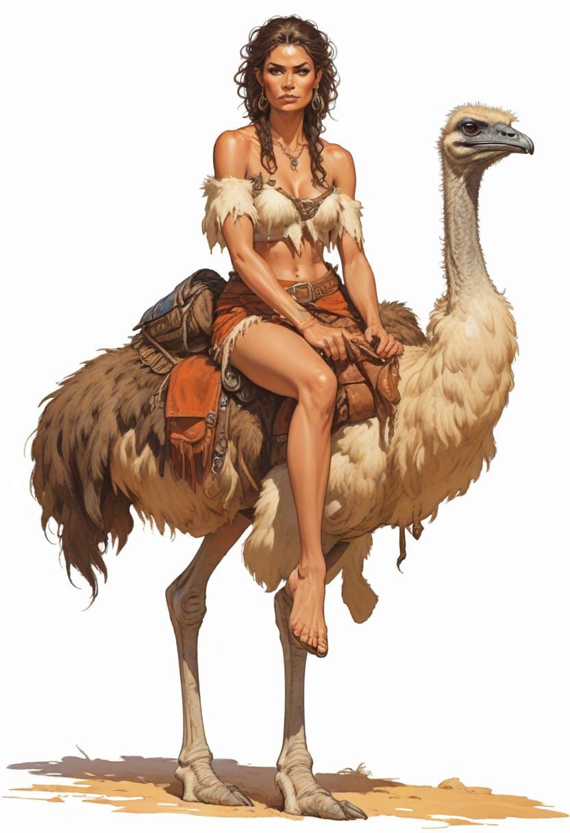 Heroic Fantasy Ostrich Rider in a Primitive Style