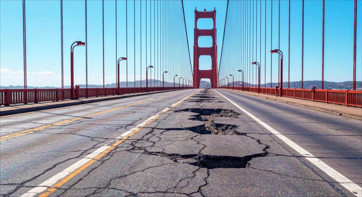 Cracked Golden Gate Bridge in Hyperrealistic Oil Painting