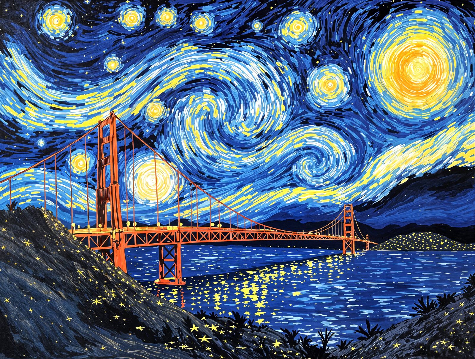 Golden Gate Bridge in Starry Night Style