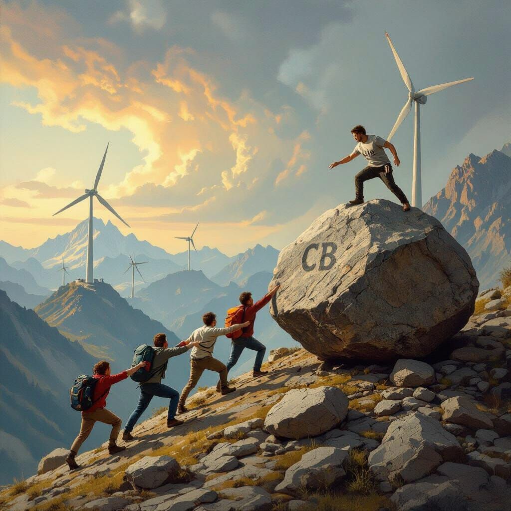Seven People Push Rock Uphill Towards Windmills