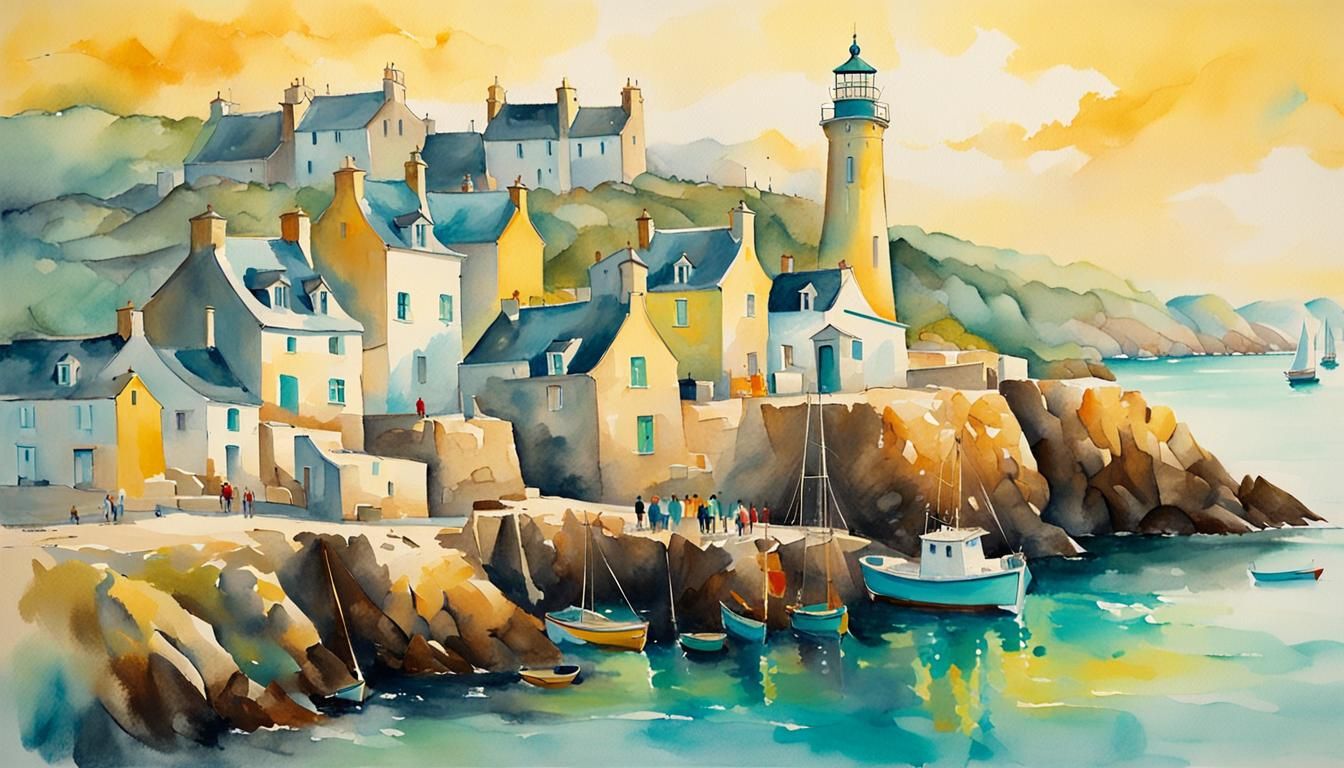 Brittany Fishing Port in Vibrant Abstract Watercolor