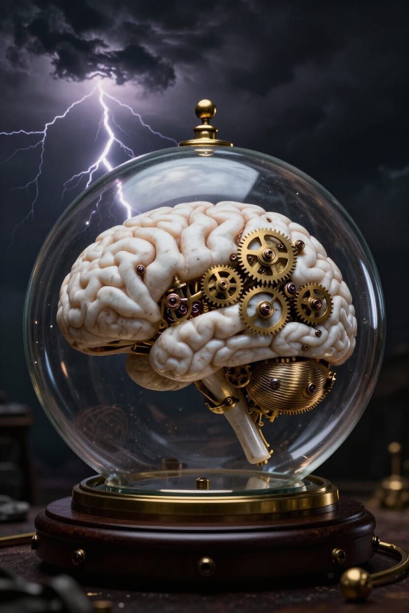 Clockwork Brain in Sphere Amidst Storm, Dark Fantasy Art