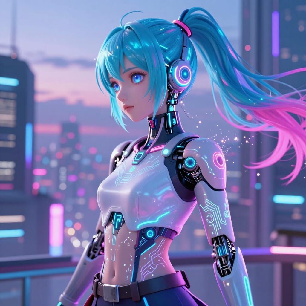 Technowave Anime Girl in Neon Cityscape