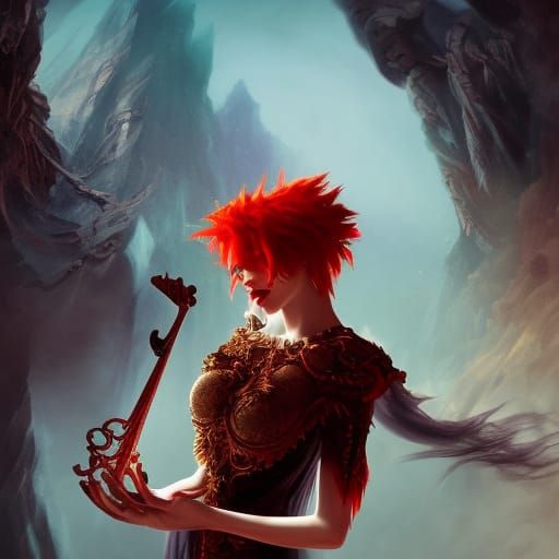 Fiery Redhead Playing Lyre in Hellscape