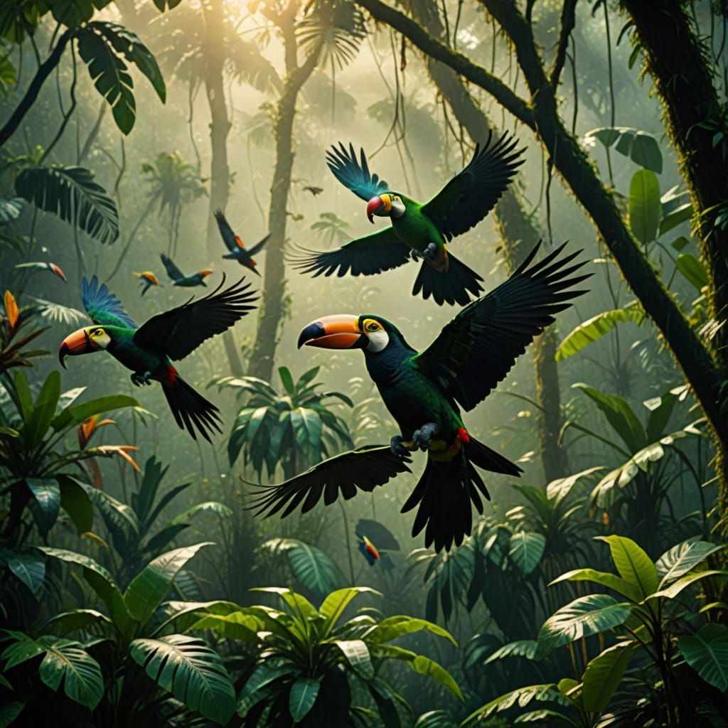 Parrots and Toucans in Misty Rainforest: Film Still