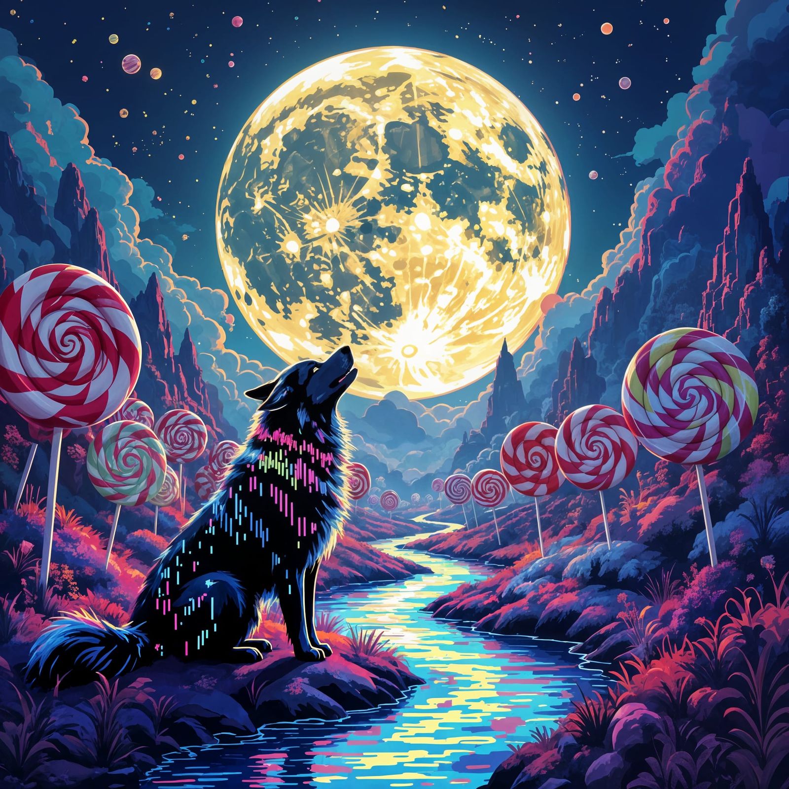 Rainbow Glitch Hound Howling at Binary Moon