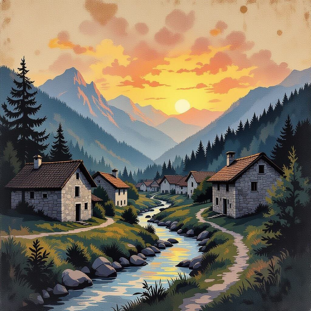 Mountain Village Ink Painting with Sunset Sky