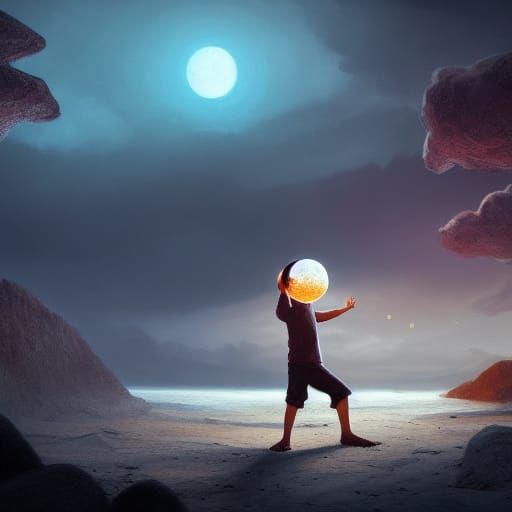 Boy Holds Moon in Fantasy Seascape Painting