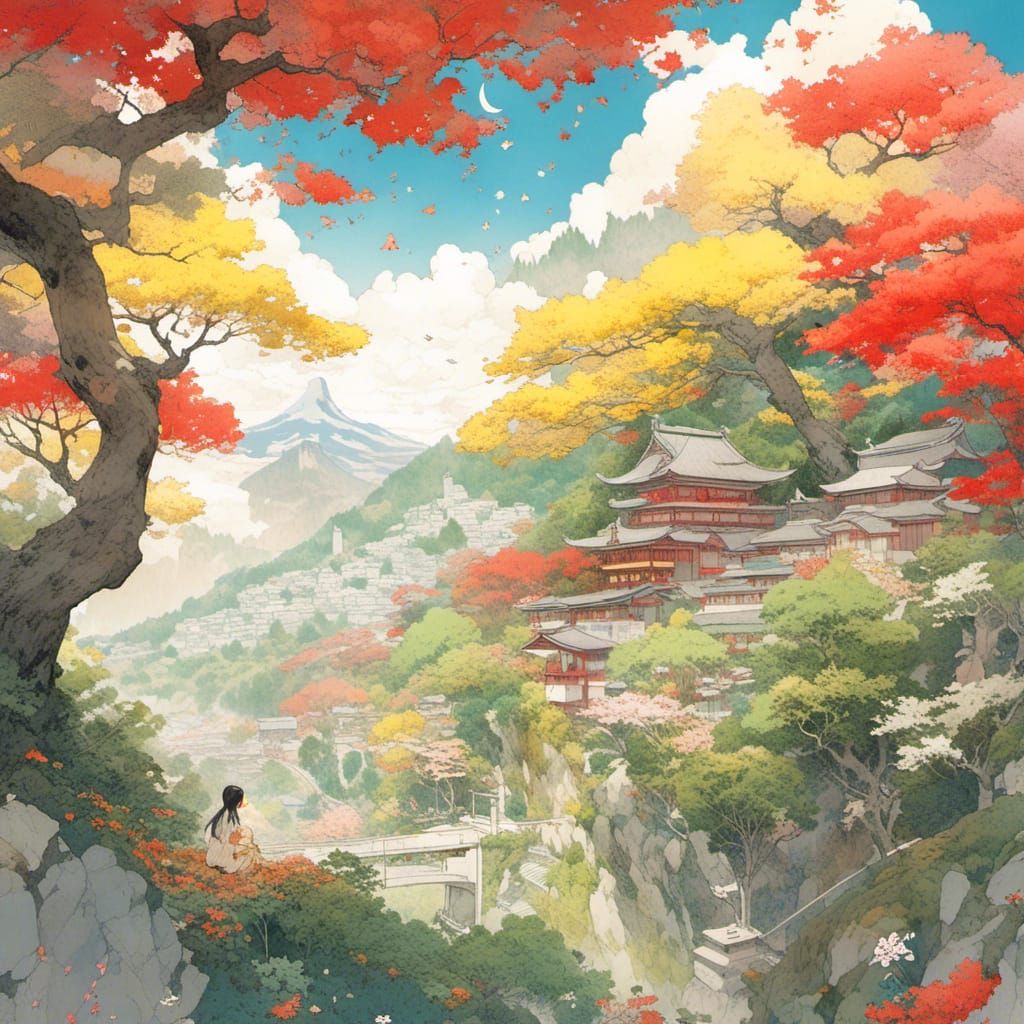 Girl Under Cherry Tree in Japanese Watercolor Style