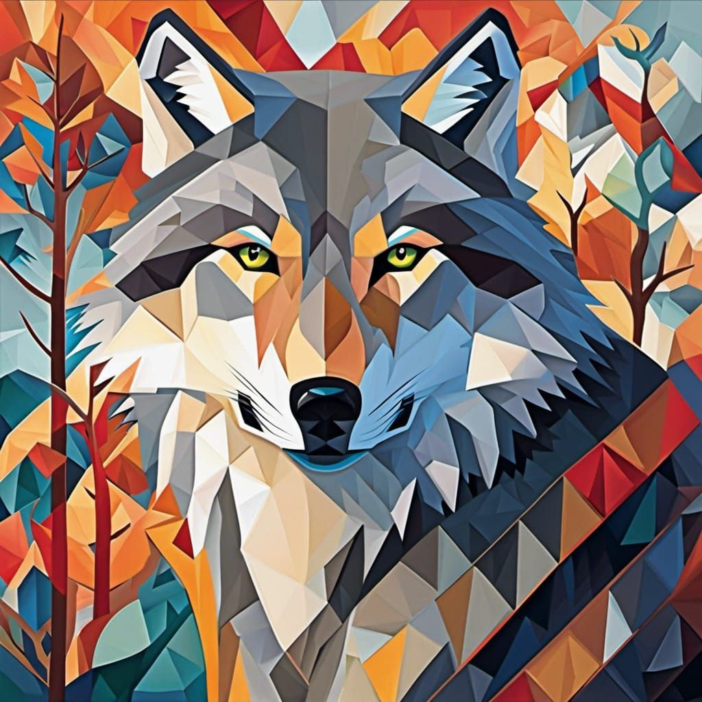 Grey Wolf Cubist Painting in Neo-Cubism Style