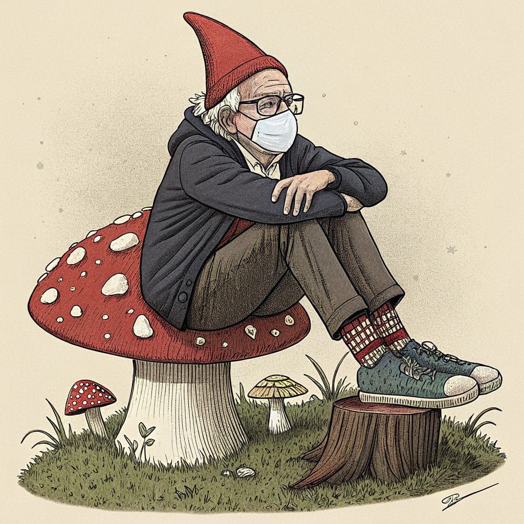 Bernie Sanders Sits on a Red Mushroom in a Whimsical Winter ...