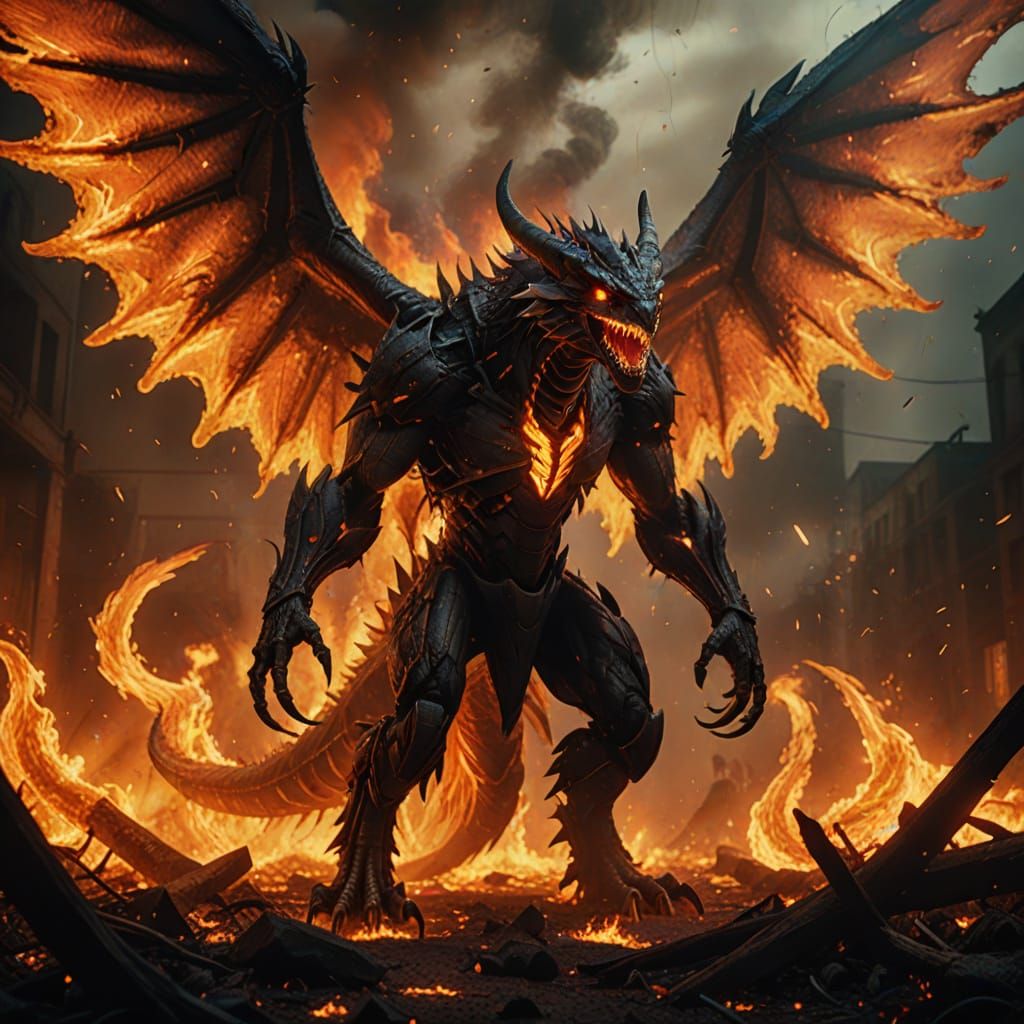 Hyperrealistic Ifrit with Demonic Wings in Fiery Landscape