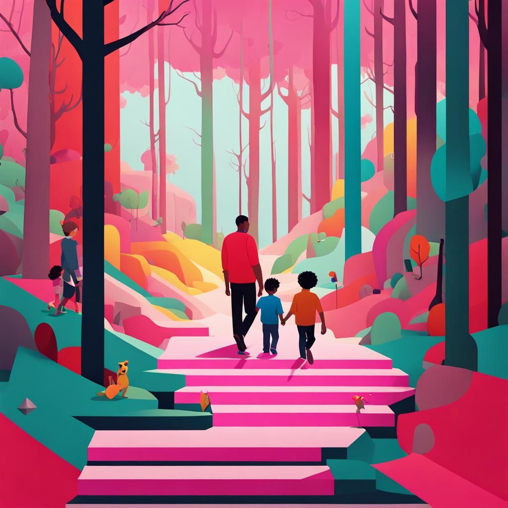 Father and Child in Woods: Bold, Colorful Art
