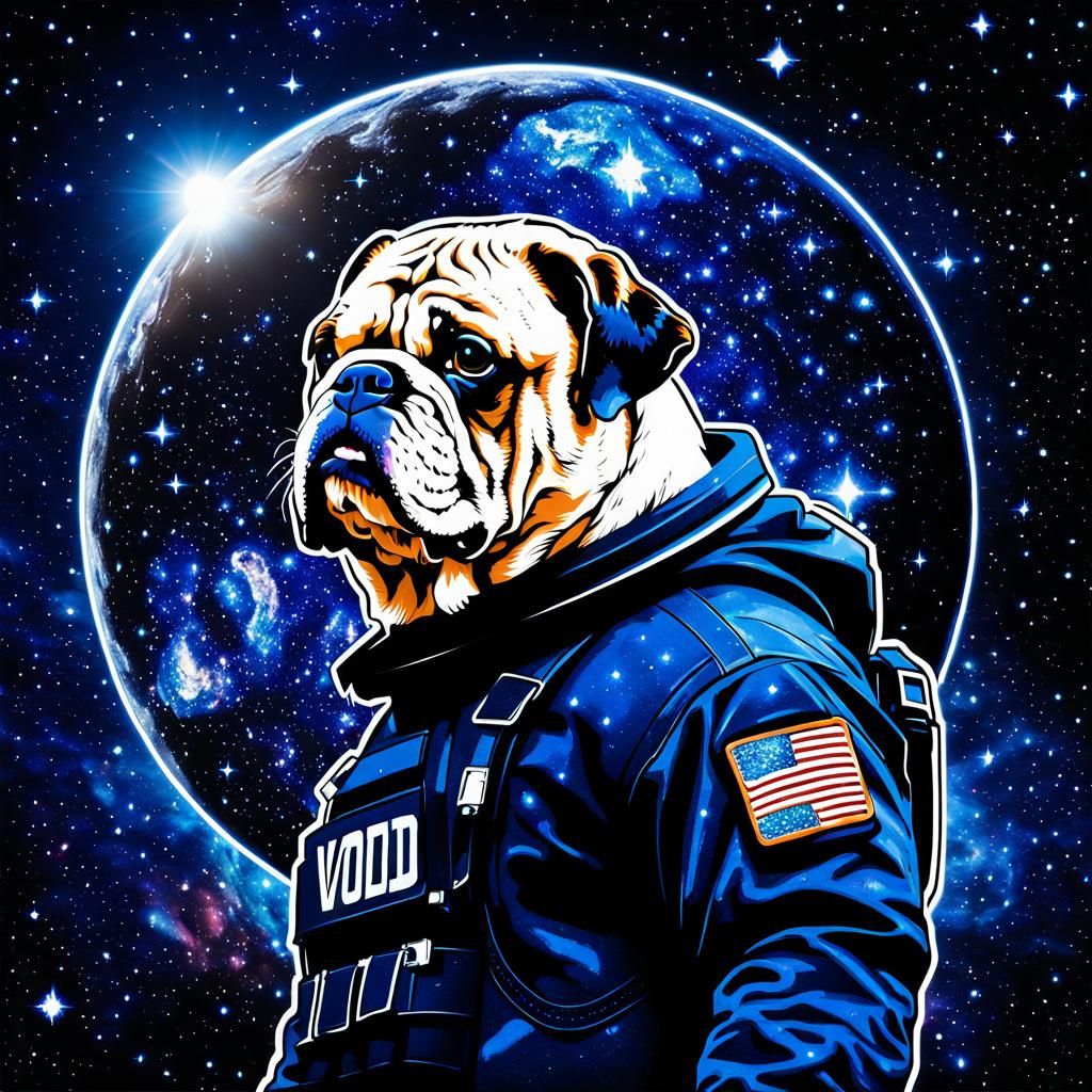 galaxy void with dark silhouette of a rugged bulldog floatin...