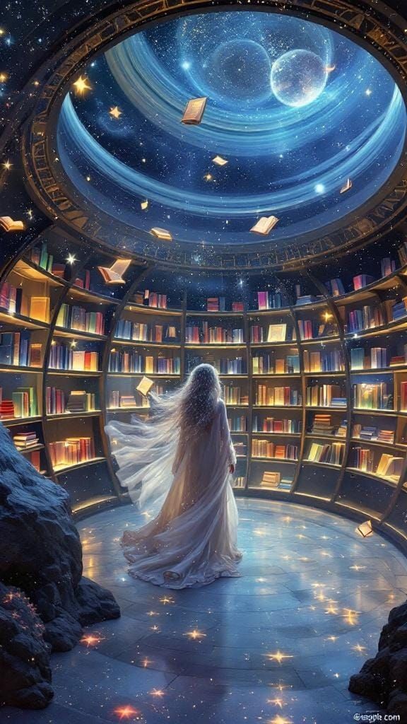 Celestial Library in Saturn's Rings: Dreamy, Whimsical Art