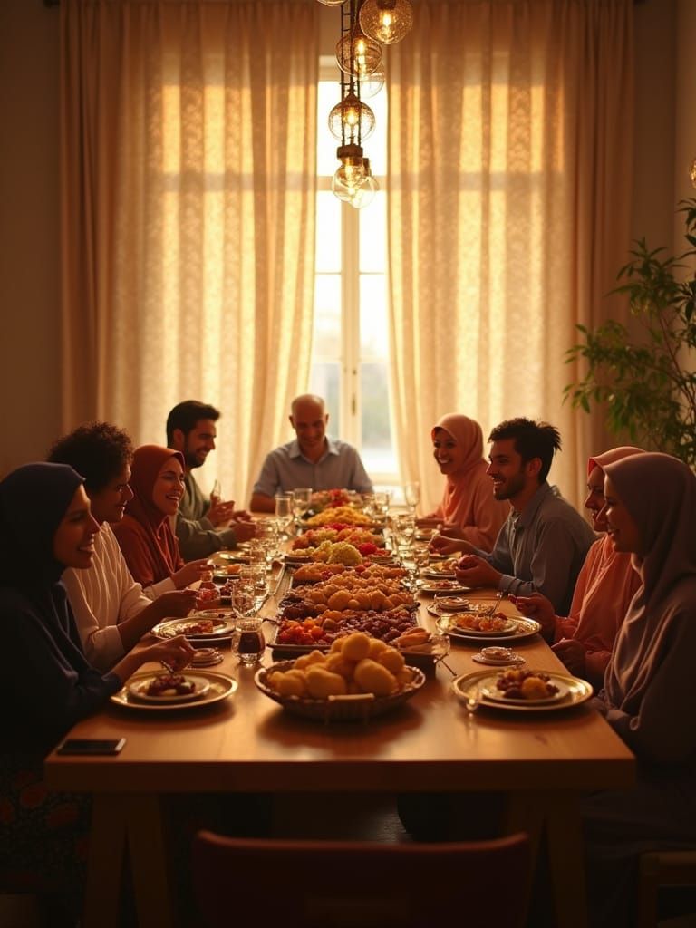 Joyful Iftar Celebration in a Warm, Elegant Dining Room