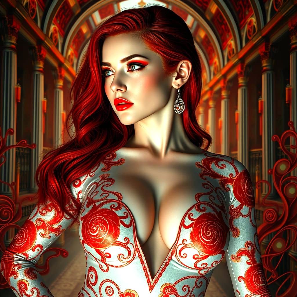 Crimson and Gold Latex Woman in Escher Style Art