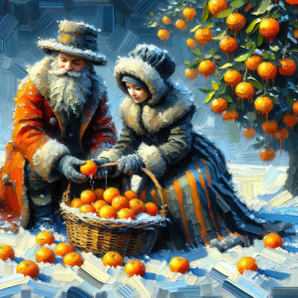 Santa Claus and Mrs. Claus Collect Tangerines in a Thick, Te...