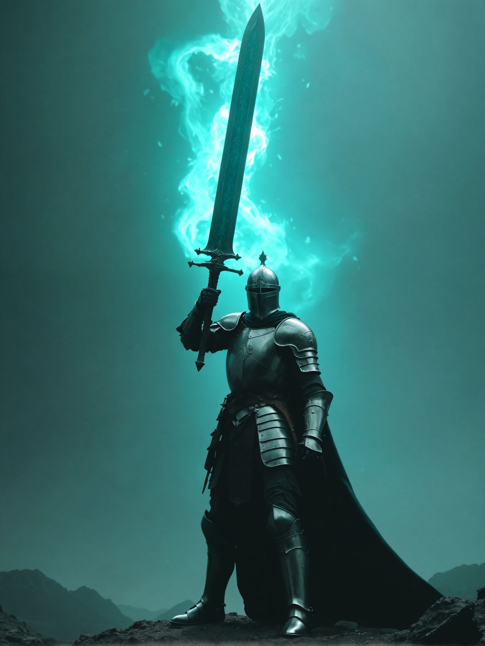 Knight Raising Magical Greatsword in Cinematic Style