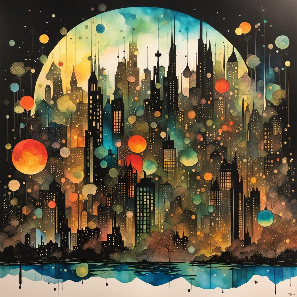 Luminous Metropolis in Alcohol Ink Style