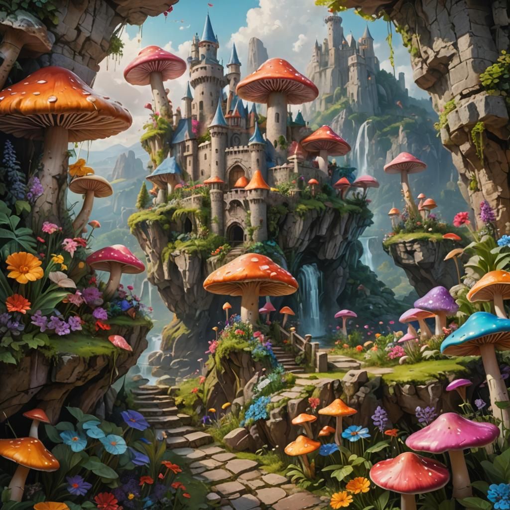 Colorful Mushroom Castle in Lush Garden