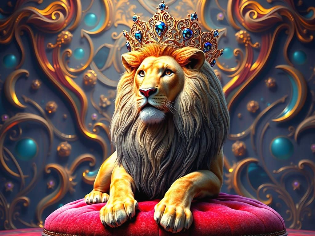 Majestic Lion King with Jeweled Crown in Opulent Chamber